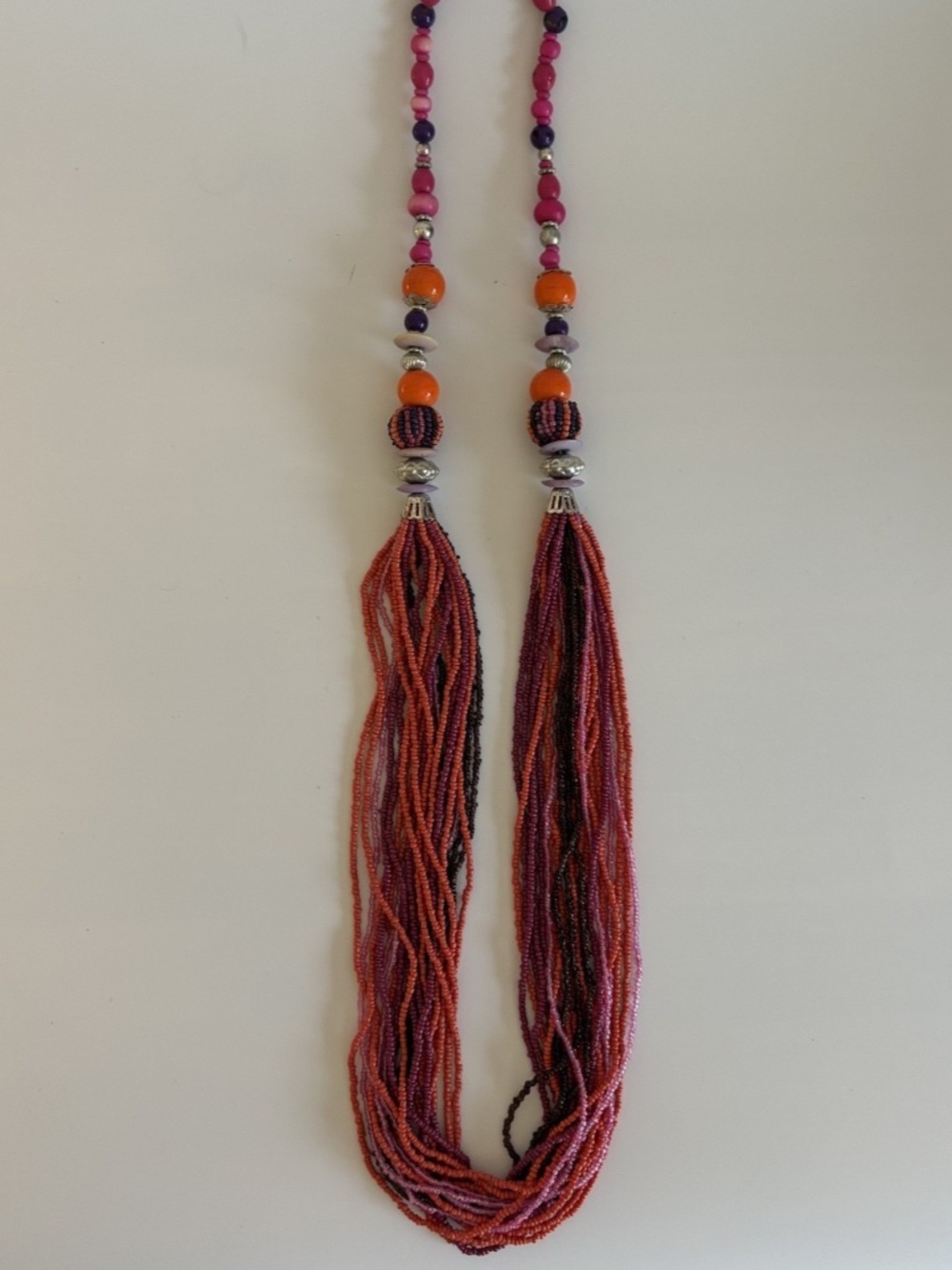 Vintage Style Multi Strand Seed Bead Waterfall Necklace Pink Orange Purple Boho
